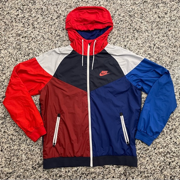 Nike Windbreaker Jacket Mens L Red Blue White ColorBlock WindRunner Lined Vented - Picture 1 of 10